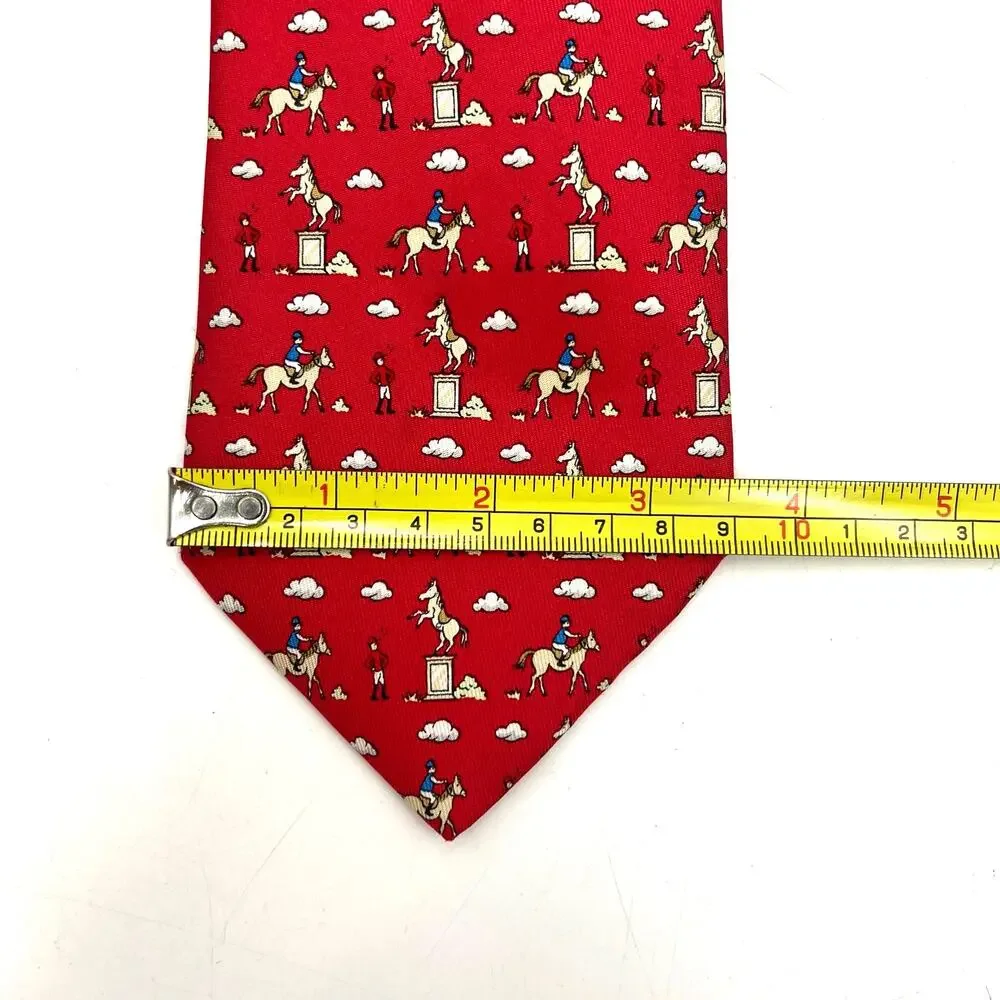 Hermes Silk Tie Equestrian Riders Print Red